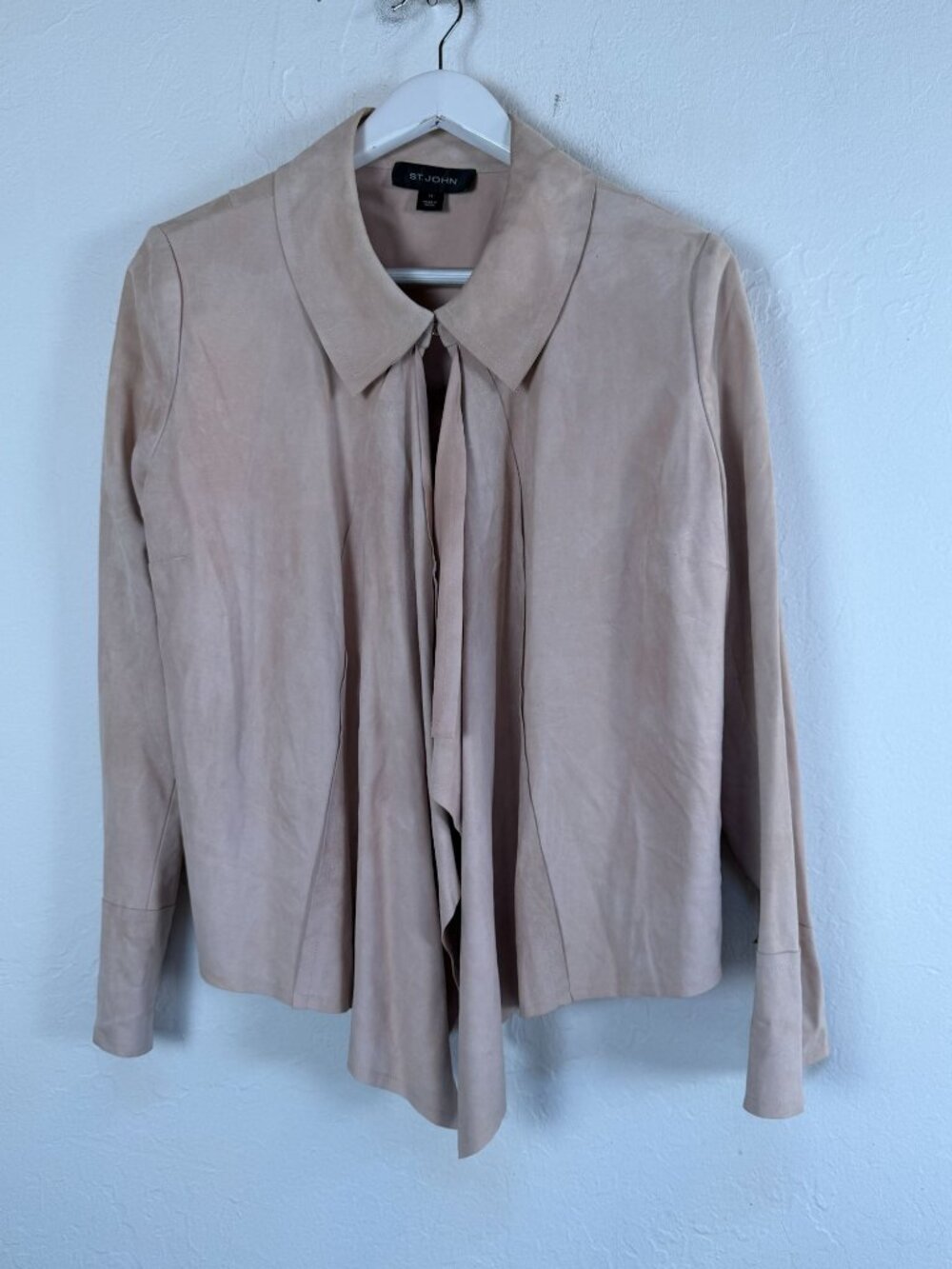 St John Womens 100% Goat Suede Waterfall Drape Jacket Blush Pink/Tan Size 12